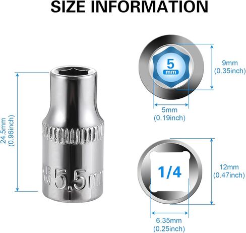 4-Piece 5.5mm Socket Set, 1/4-Inch Drive, 6-Point, Deep *2 & Shallow *2 Sockets, Corrosion Resistance, Compatible with Standard Ratchet Wrenches and Tools in Saudi Arabia