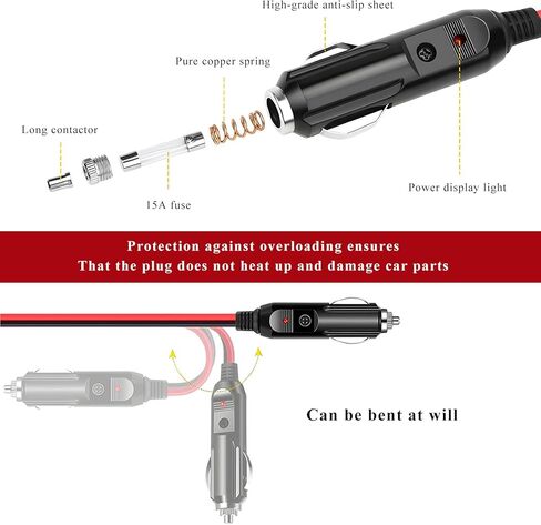 Fused Cigarette Lighter Male Plug, 12V Cigar Lighter Plug Replacement with Extension Cable & LED Light, 15A 16AWG Fused Socket Cord DC Battery Charger Kit for Most Vehicles in Kuwait