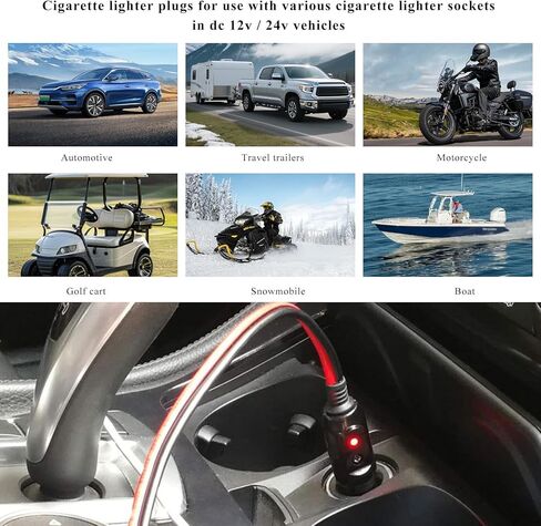 Fused Cigarette Lighter Male Plug, 12V Cigar Lighter Plug Replacement with Extension Cable & LED Light, 15A 16AWG Fused Socket Cord DC Battery Charger Kit for Most Vehicles in Kuwait