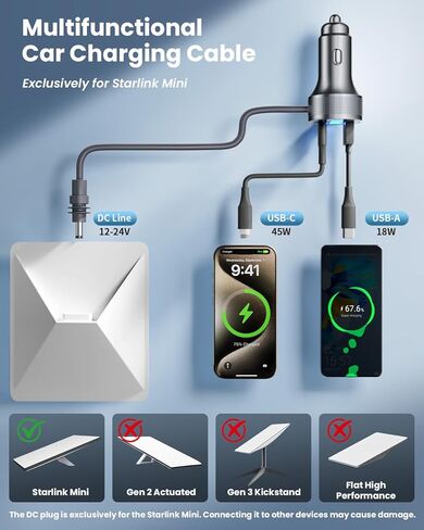 Starlink Mini Cable, 3-in-1 Starlink Mini Car Adapter with 10FT DC Power Cord, 12-48V Cigarette Lighter USB-C PD 45W and USB-A QC 18W Fast Charging Ports for Cars, SUVs, Trucks & RVs in Saudi Arabia