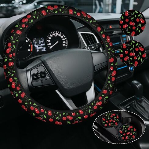 Cute Cherry Steering Steering Wheel Cover, Non-Slip Neoprene Steering Wheel Cover, Cute Cherry Car Accessories for Women, Universal 15 Inch Fit Auto, SUVS, Includes 2 Ceramic Cup Coasters in Saudi Arabia