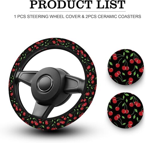 Cute Cherry Steering Steering Wheel Cover, Non-Slip Neoprene Steering Wheel Cover, Cute Cherry Car Accessories for Women, Universal 15 Inch Fit Auto, SUVS, Includes 2 Ceramic Cup Coasters in Saudi Arabia