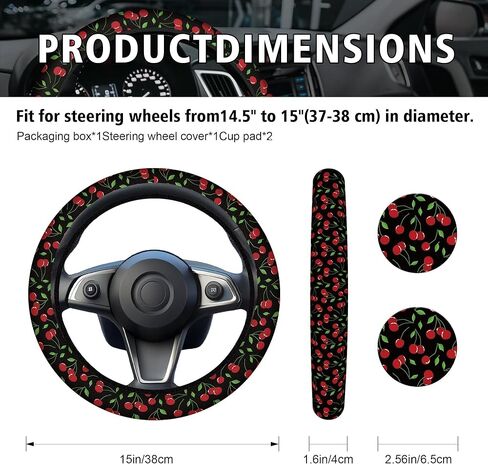 Cute Cherry Steering Steering Wheel Cover, Non-Slip Neoprene Steering Wheel Cover, Cute Cherry Car Accessories for Women, Universal 15 Inch Fit Auto, SUVS, Includes 2 Ceramic Cup Coasters in Saudi Arabia