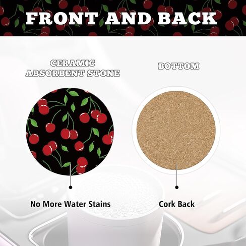 Cute Cherry Steering Steering Wheel Cover, Non-Slip Neoprene Steering Wheel Cover, Cute Cherry Car Accessories for Women, Universal 15 Inch Fit Auto, SUVS, Includes 2 Ceramic Cup Coasters in Saudi Arabia