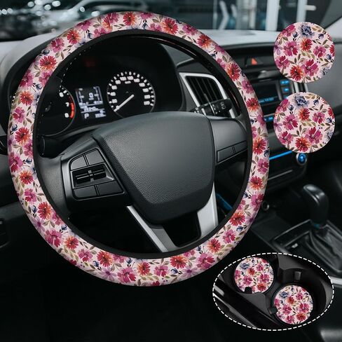 Cute Cherry Steering Steering Wheel Cover, Non-Slip Neoprene Steering Wheel Cover, Cute Cherry Car Accessories for Women, Universal 15 Inch Fit Auto, SUVS, Includes 2 Ceramic Cup Coasters in Saudi Arabia