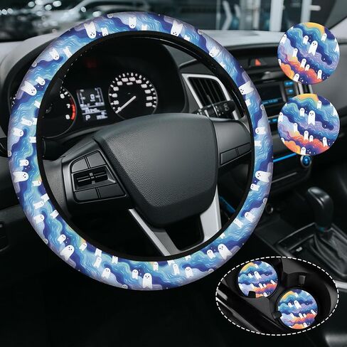 Cute Cherry Steering Steering Wheel Cover, Non-Slip Neoprene Steering Wheel Cover, Cute Cherry Car Accessories for Women, Universal 15 Inch Fit Auto, SUVS, Includes 2 Ceramic Cup Coasters in Saudi Arabia