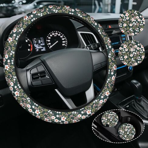 Cute Cherry Steering Steering Wheel Cover, Non-Slip Neoprene Steering Wheel Cover, Cute Cherry Car Accessories for Women, Universal 15 Inch Fit Auto, SUVS, Includes 2 Ceramic Cup Coasters in Saudi Arabia