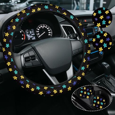 Cute Cherry Steering Steering Wheel Cover, Non-Slip Neoprene Steering Wheel Cover, Cute Cherry Car Accessories for Women, Universal 15 Inch Fit Auto, SUVS, Includes 2 Ceramic Cup Coasters in Saudi Arabia