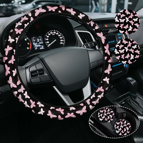 Cute Cherry Steering Steering Wheel Cover, Non-Slip Neoprene Steering Wheel Cover, Cute Cherry Car Accessories for Women, Universal 15 Inch Fit Auto, SUVS, Includes 2 Ceramic Cup Coasters in Saudi Arabia