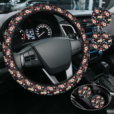 Cute Cherry Steering Steering Wheel Cover, Non-Slip Neoprene Steering Wheel Cover, Cute Cherry Car Accessories for Women, Universal 15 Inch Fit Auto, SUVS, Includes 2 Ceramic Cup Coasters in Saudi Arabia
