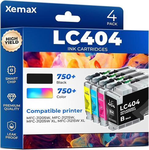 خراطيش حبر LC404 مكونة من 4 عبوات (3000 صفحة) متوافقة مع MFC-J1205W لطابعة Brother LC404 LC404XL مع MFC-J1205W MFC-J1215W MFC-J1205W XL MFC-J1215W XL (أسود سماوي أرجواني أصفر) in Kuwait