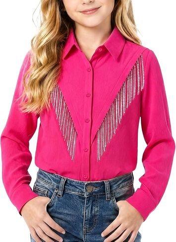 Girls Western Cowgirl Fringe Shirt Tassel Long Sleeve Casual Button Down Blouse Shirts Tops 5-14 Years in Saudi Arabia