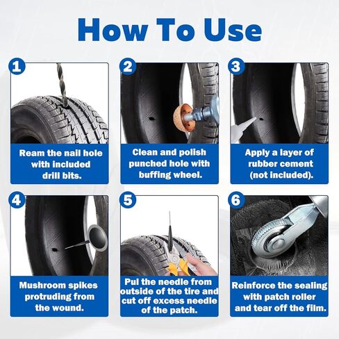 Tire Patch Kit Tire Repair Kit Including Tire Patch Plugs in 3 Size, Tungsten Steel Buffing Wheel, Tire Patch Roller with 4mm Twist Drill Bit for Vehicle in Saudi Arabia