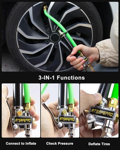 ATsafepro Tire Inflator with Gauge-10-120PSI, 3-in-1 Inflate, Deflate & Measure, Dual-Head & Lock-On Chuck, Tire Pressure Gauge with Rubber Hose, Compatible with 1/4" NPT Air Compressor in Saudi Arabia