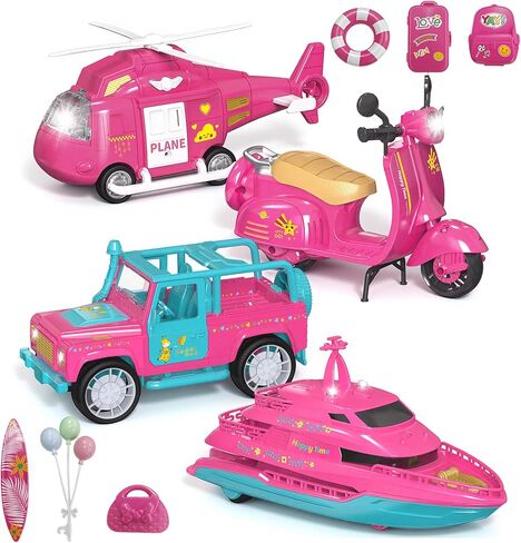 Toys for Girls Ages 3-6, Pink Toy Cars for Girls with Lights & Sounds, Vehicle Toy Set with Toy Scooter, Jeep, Yacht, Helicopter, Birthday Gifts for Little Girls in Kuwait