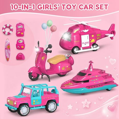 Toys for Girls Ages 3-6, Pink Toy Cars for Girls with Lights & Sounds, Vehicle Toy Set with Toy Scooter, Jeep, Yacht, Helicopter, Birthday Gifts for Little Girls in Kuwait
