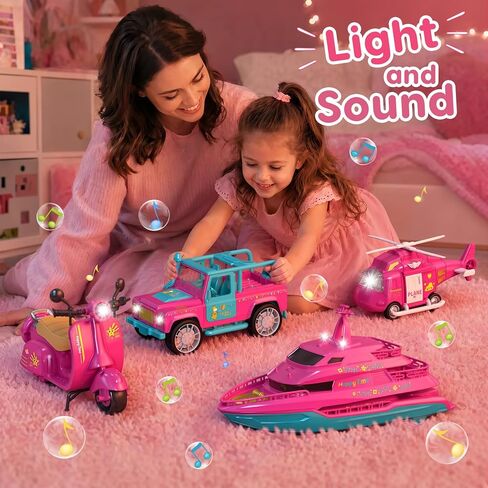 Toys for Girls Ages 3-6, Pink Toy Cars for Girls with Lights & Sounds, Vehicle Toy Set with Toy Scooter, Jeep, Yacht, Helicopter, Birthday Gifts for Little Girls in Kuwait