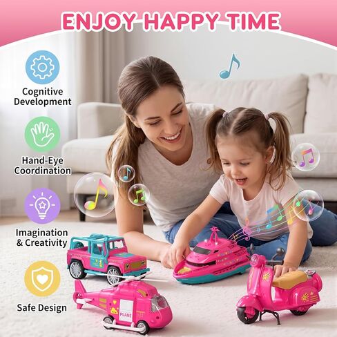 Toys for Girls Ages 3-6, Pink Toy Cars for Girls with Lights & Sounds, Vehicle Toy Set with Toy Scooter, Jeep, Yacht, Helicopter, Birthday Gifts for Little Girls in Kuwait