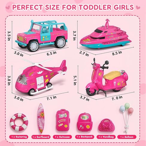 Toys for Girls Ages 3-6, Pink Toy Cars for Girls with Lights & Sounds, Vehicle Toy Set with Toy Scooter, Jeep, Yacht, Helicopter, Birthday Gifts for Little Girls in Kuwait
