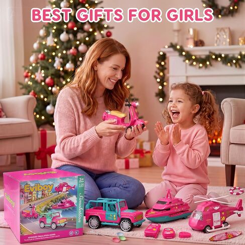 Toys for Girls Ages 3-6, Pink Toy Cars for Girls with Lights & Sounds, Vehicle Toy Set with Toy Scooter, Jeep, Yacht, Helicopter, Birthday Gifts for Little Girls in Kuwait