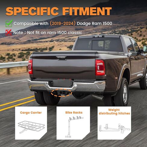 جهاز استقبال وصلة ربط FieryRed مقاس 2 بوصة متوافق مع 2019-2024 Dodge Ram 1500 Newbody، وصلة سحب مقطورة خلفية من الفئة 3 مع مسامير، معطف مسحوق لامع مضاد للصدأ، أسود in Kuwait