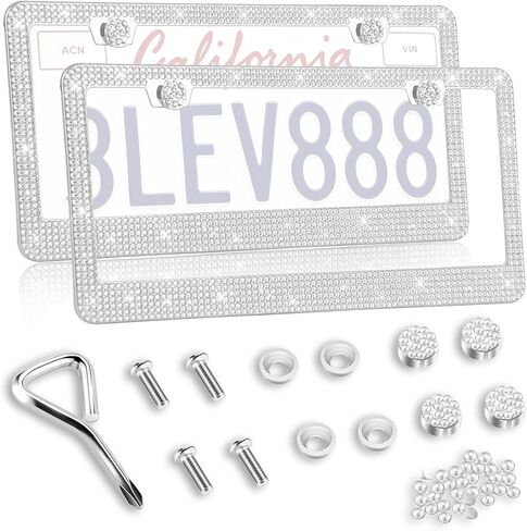 1 Pack Bling License Plate Frames, Bedazzled Sparkly Cute Water Diamond Stainless Steel，Car Accessories with Diamond Sparkle Glitter Caps，Suitable for Both Men and Women（Black） in Saudi Arabia