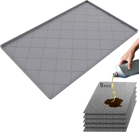 Oil Drip Pan for Under Car 34" x 22", Silicone Oil Spill Mat with 5 Absorbent Pads, Garage Drip Tray with 0.7" Raised Edge, Waterproof Non-Slip Floor Protector, Gray in Saudi Arabia