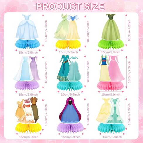 9 Pcs Princess Honeycomb Centerpieces, Double-Sided Princess Dress Table Toppers, for Girls Pastel Princess Theme Party Table Decorations in Saudi Arabia