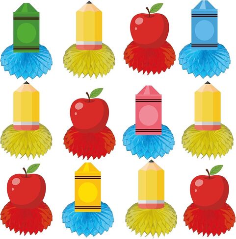 12 Pack Back to School Centerpieces, Pencil Crayon Apple Honeycomb Table Decorations, Classroom Desk Decor for First Day of School Welcome Party Favors Supplies in Saudi Arabia