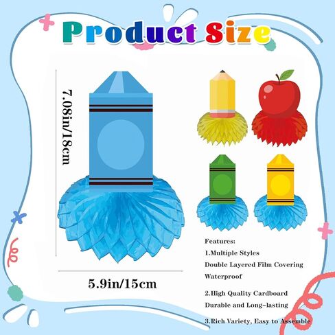 12 Pack Back to School Centerpieces, Pencil Crayon Apple Honeycomb Table Decorations, Classroom Desk Decor for First Day of School Welcome Party Favors Supplies in Saudi Arabia