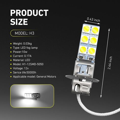 4 PCS Car H3 LED Fog Lights, 12V 5050-12SMD 6000K Waterproof Driving LED Lamps Bulbs, Universal Dome Courtesy Bulbs Replacement, for Most Cars, Trucks, SUVs (White) in Saudi Arabia