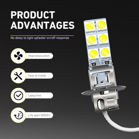 4 PCS Car H3 LED Fog Lights, 12V 5050-12SMD 6000K Waterproof Driving LED Lamps Bulbs, Universal Dome Courtesy Bulbs Replacement, for Most Cars, Trucks, SUVs (White) in Saudi Arabia