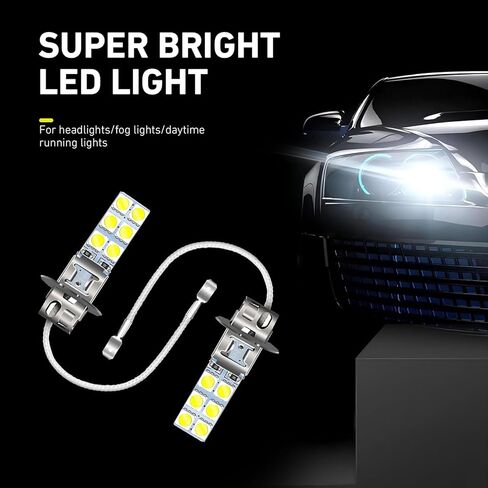 4 PCS Car H3 LED Fog Lights, 12V 5050-12SMD 6000K Waterproof Driving LED Lamps Bulbs, Universal Dome Courtesy Bulbs Replacement, for Most Cars, Trucks, SUVs (White) in Saudi Arabia