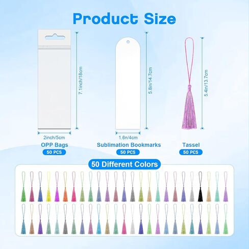 Sublimation Double Sided Bookmark Blanks - 50Pcs Metal Kit + 50 Colors Tassels, DIY Bookmarks for Book Lovers, Crafts, Reading Gifts in Saudi Arabia
