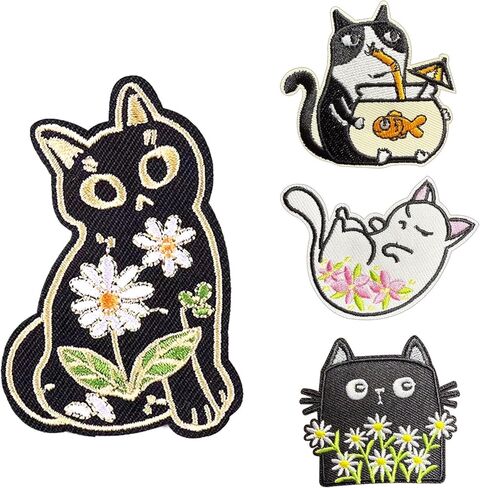 4 Pack Embroidered Cat Iron on Patches, Funny Meme Cute Cartoon Animals Patch, Cute Flower Cat Sew On Patches DIY Clothes Accessories for Clothes Jeans Jackets Backpacks Hats Bags in Saudi Arabia