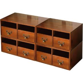 4-Pack Wide Wooden Desktop Drawer Organizer with Brass Label Holders - Horizontal Storage for Long Desks, Counters, Shelves, Stackable Card Catalog - Solid Wood Small Item Organizer for Office & Home in Saudi Arabia