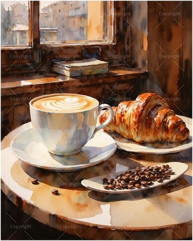 Coffee and Croissant Paint by Numbers Kit for Adults - DIY Morning Breakfast Table Painting on Canvas 16x20In, Acrylic Paint Set, Suitable for Beginners, Café Art for Home Decoration or Gifts in Kuwait