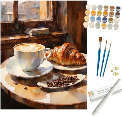 Coffee and Croissant Paint by Numbers Kit for Adults - DIY Morning Breakfast Table Painting on Canvas 16x20In, Acrylic Paint Set, Suitable for Beginners, Café Art for Home Decoration or Gifts in Kuwait