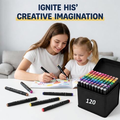 120 Alcohol Markers, Dual Tip Art Supplies for Drawing, Sketching, and Anime Artists, 1-Second Quick Dry Anti-Smudge, Chisel Fine Tips, with Storage Case, Perfect for Adult Stress Relief and Gift in Saudi Arabia