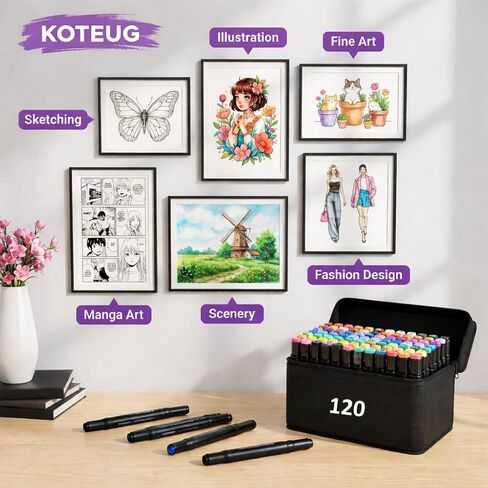120 Alcohol Markers, Dual Tip Art Supplies for Drawing, Sketching, and Anime Artists, 1-Second Quick Dry Anti-Smudge, Chisel Fine Tips, with Storage Case, Perfect for Adult Stress Relief and Gift in Saudi Arabia