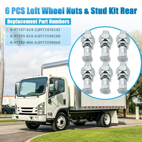 8-97147-614-2 Set of 6 Rear Left Wheel Nuts & Stud Kit Compatible with Isuzu NPR NPR-HD NQR NRR Reach Replaces# 8-97359-810-0 8-97359-806-0 8971476142 8973598100 8973598060 in Saudi Arabia
