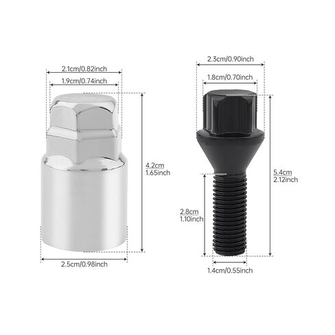 M14 x 1.25 Lug Bolts 4 Locks + Key Fit for BMW Aftermarket Wheels, Conical Seat 28mm Shank Length Bolt Type Locks, Conical/Cone Seat Black Lock Lug Bolt Studs Dual 19mm & 21mm Hex Key (M14 x 1.25) in Saudi Arabia