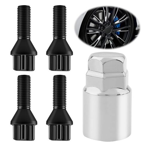 M14 x 1.25 Lug Bolts 4 Locks + Key Fit for BMW Aftermarket Wheels, Conical Seat 28mm Shank Length Bolt Type Locks, Conical/Cone Seat Black Lock Lug Bolt Studs Dual 19mm & 21mm Hex Key (M14 x 1.25) in Saudi Arabia