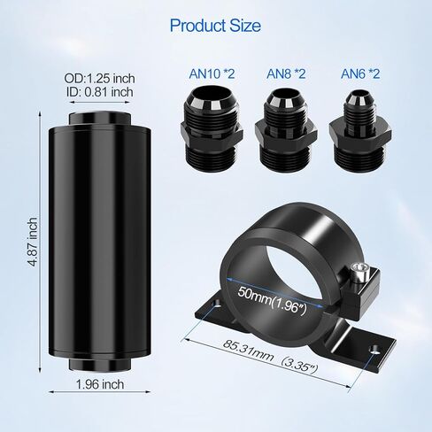 Premium 10 Micron Inline Fuel Filter with 6AN 8AN 10AN Adapters & Universal 50MM Clamp - High Flow Universal Fit for Automotive, Racing and Performance Fuel Systems in Saudi Arabia