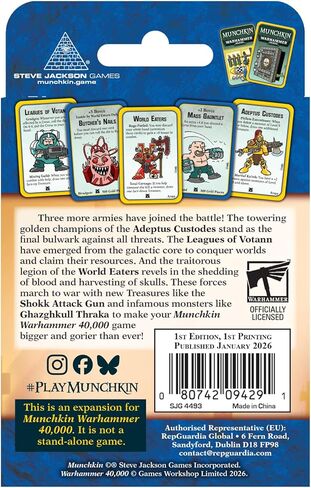 Munchkin Warhammer 40000 ضغينة وجور | الأعمار 10+ | 3-6 لاعبين | 112 بطاقة إضافية تتميز بـ Adeptus Custodes ورابطات Votann وجيوش World Eaters للعبة Epic Grimdark in Kuwait