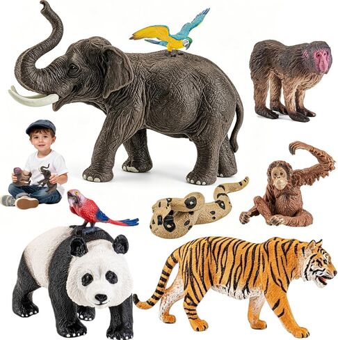 8Pcs Solid Safari Animals Figures for Kids, Zoo Animals Toys, Plastic Jungle Animals Figurines Toy Set, Elephant, Panda, Tiger,Macaw,Parrot,Snake,Orangutan,Monkey Educational Learning Playset in Saudi Arabia