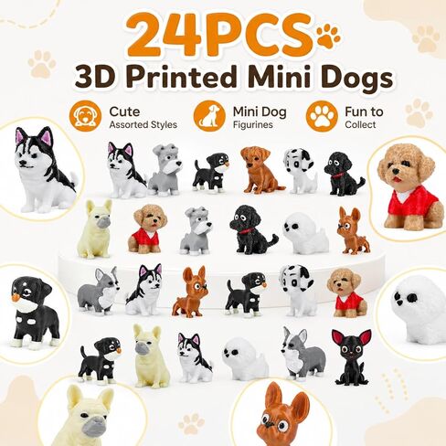 24-Piece 3D Printed Dog Figurine Set Exquisitely Crafted Mini Puppies with Lifelike Details Children's Mini 3D Printed Animal Toys Stress Relief Toys, Dog Statues, Cake Decorations, Party Favors in Saudi Arabia