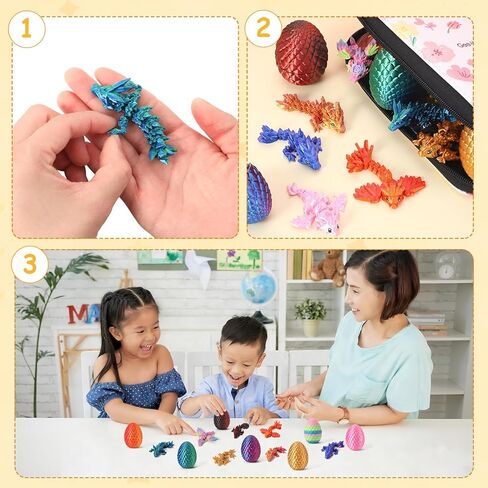 8 Pcs 3D Printed Dragon Animals with 8 Pcs Colorful 3D Printed Eggs Stress Relief Fidget Toys for Adults Birthday Gift in Kuwait
