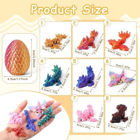 8 Pcs 3D Printed Dragon Animals with 8 Pcs Colorful 3D Printed Eggs Stress Relief Fidget Toys for Adults Birthday Gift in Kuwait