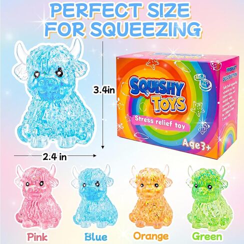 4Pack Highland Cow Squishy Fidget Toys,Glitter Slow Rising Maltose Sensory Squeeze Toys for Anxiety Relief,Cute Soft Autism Stress Toys for Kids & Adults,Birthday Gift Party Favors Sock Stuffers in Saudi Arabia